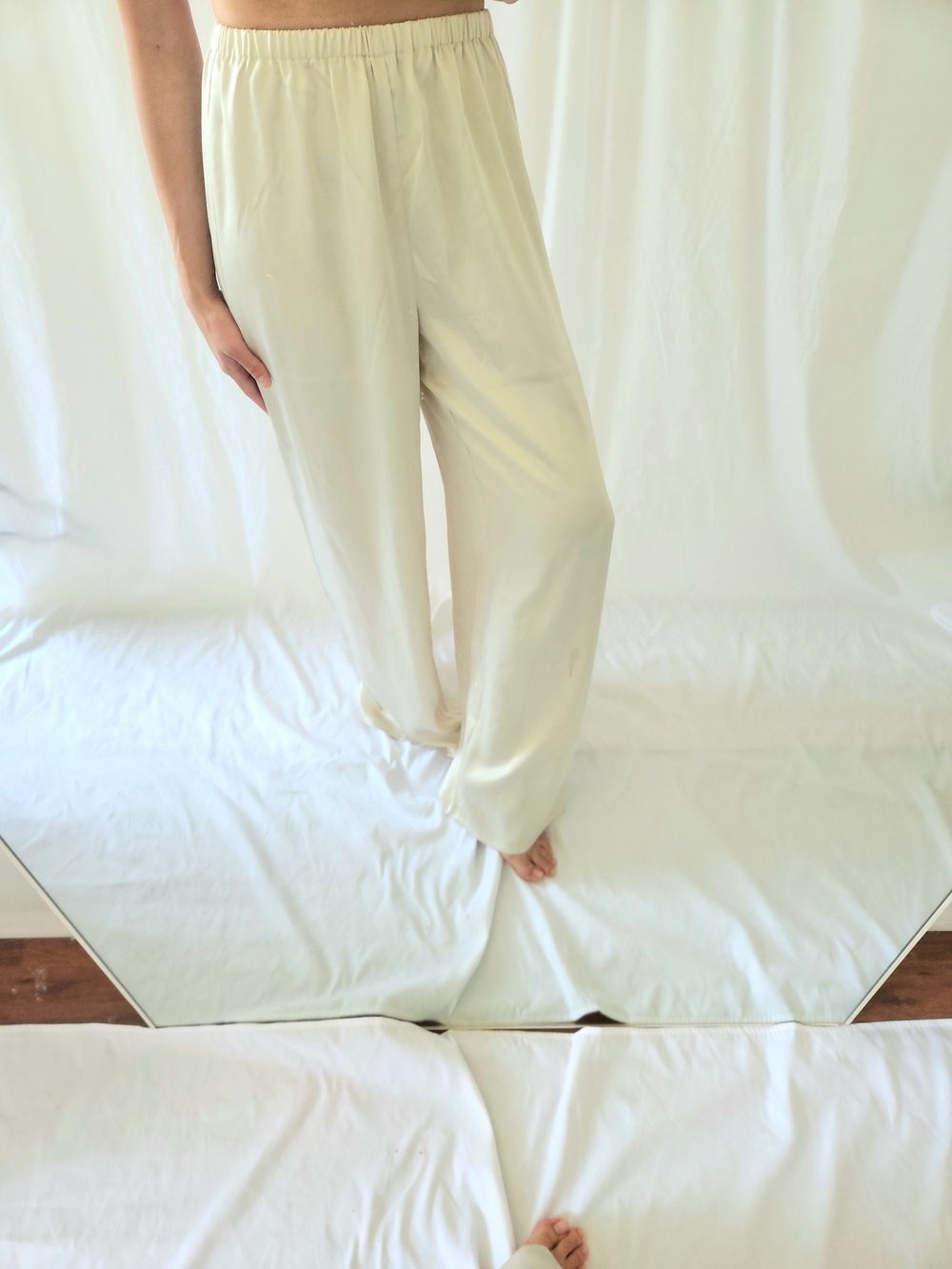 Meshki Cream Wide-Leg Satin Trousers